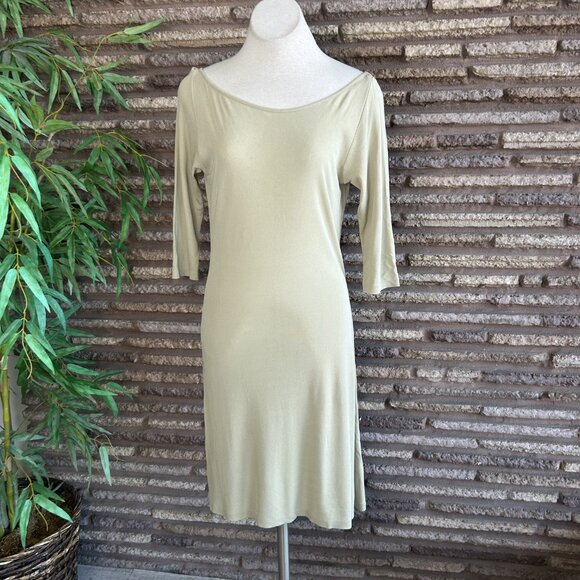 Mo & Su Vintage 90s Slinky Liquid Jersey Knit Tan Midi Dress Size Large - Picture 8 of 9